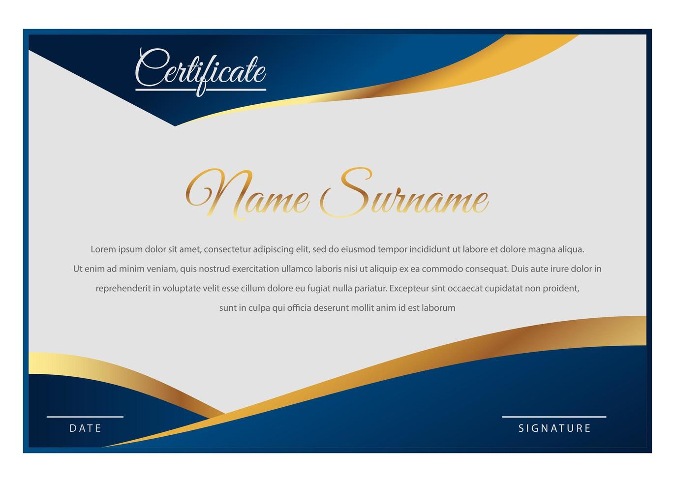 elegante plantilla de certificado azul y oro vector