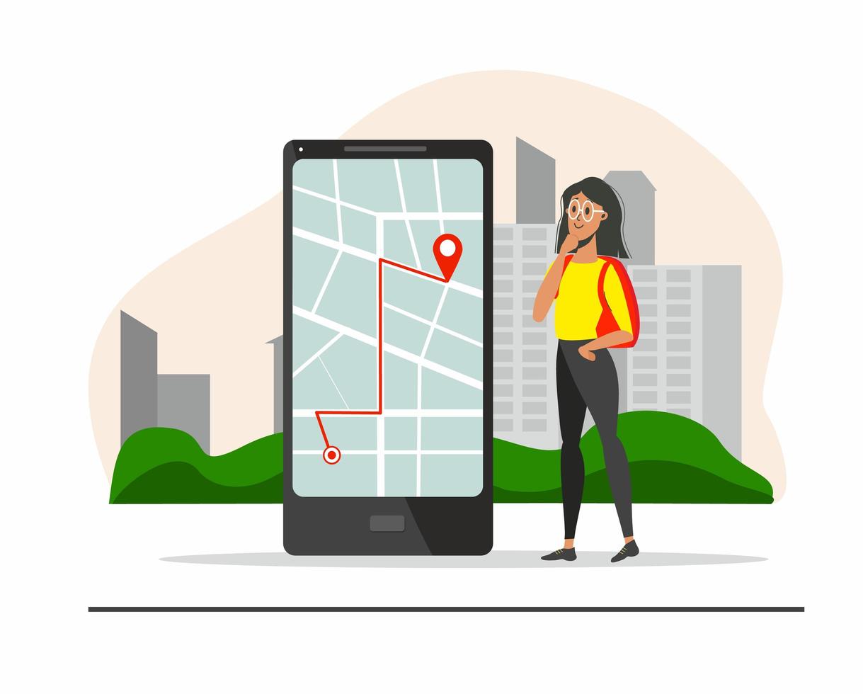 Tourist route concept with girl looking at map vector