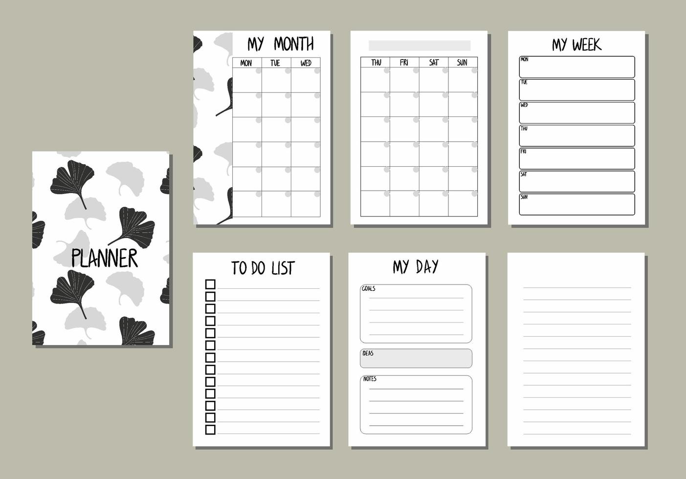 Grayand white leaf design planner set vector