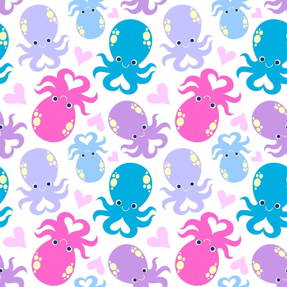 Seamless pattern with cute octopuses and hearts vector