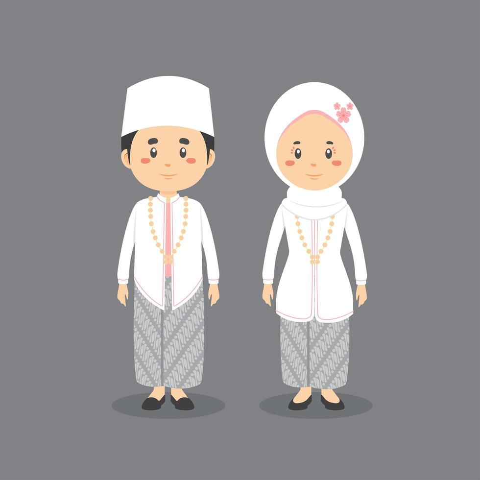 Pareja personaje indonesio vistiendo traje de novia tradicional vector