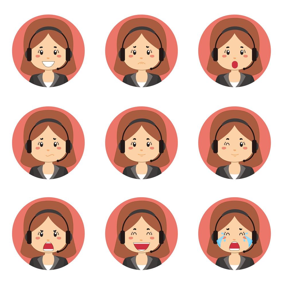 avatar de servicio al cliente femenino con varias expresiones vector