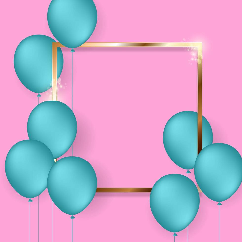 Gold  square frame with turquoise balloons on pink vector