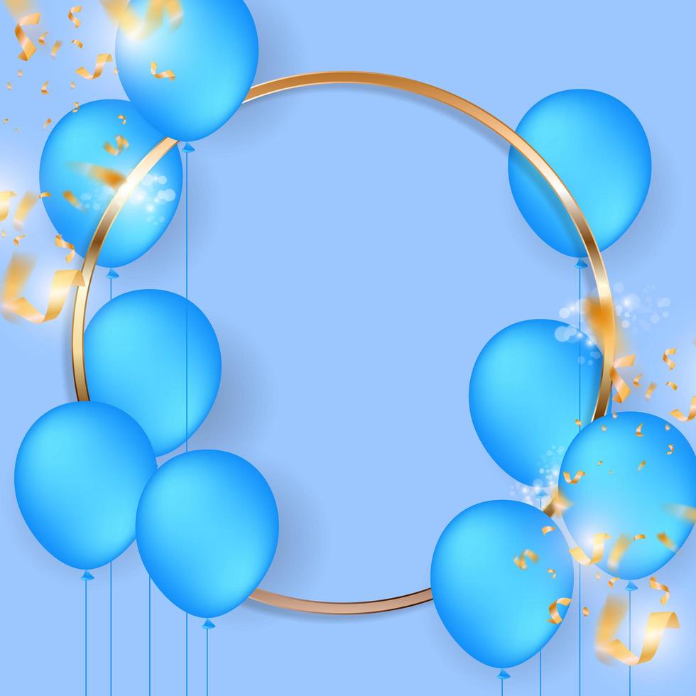 Gold  circle frame with blue balloons and confetti vector