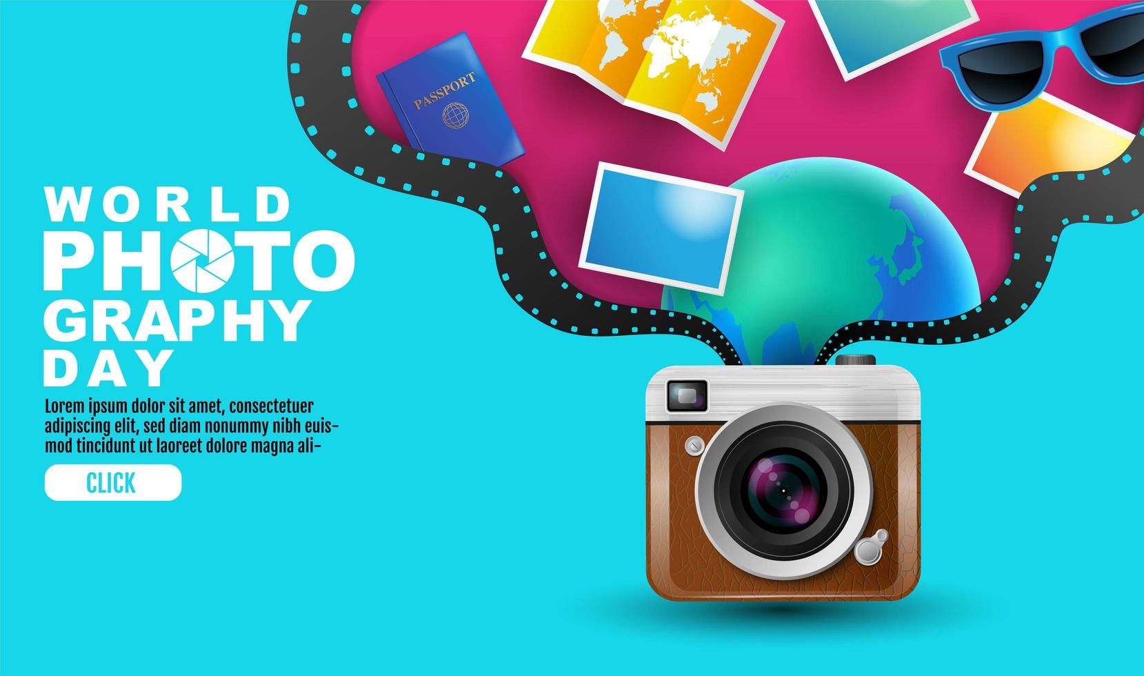 World photography day poster with elements coming from camera vector