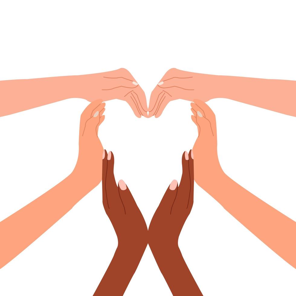 Multiracial hands together forming a heart vector