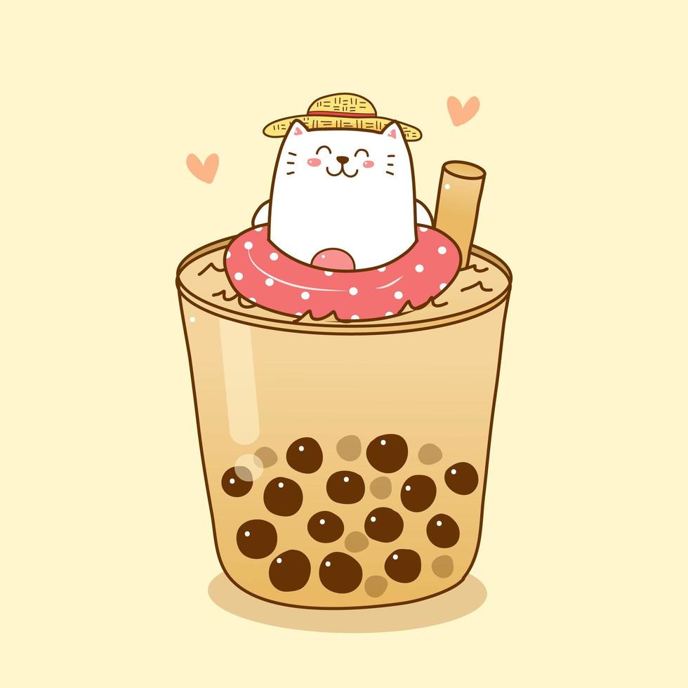 Cute cat cartoon swimming in bubble tea cup vector