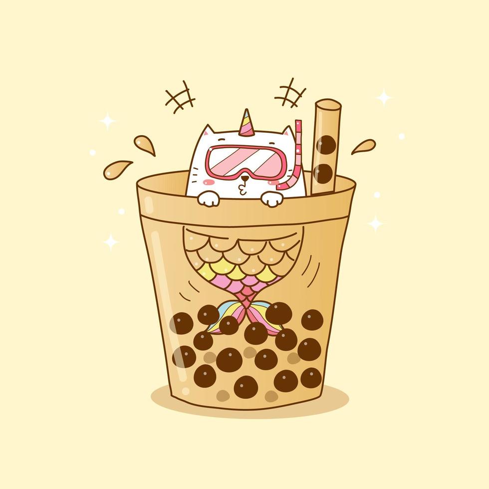 Cute cat mermaid swimming in bubble tea vector