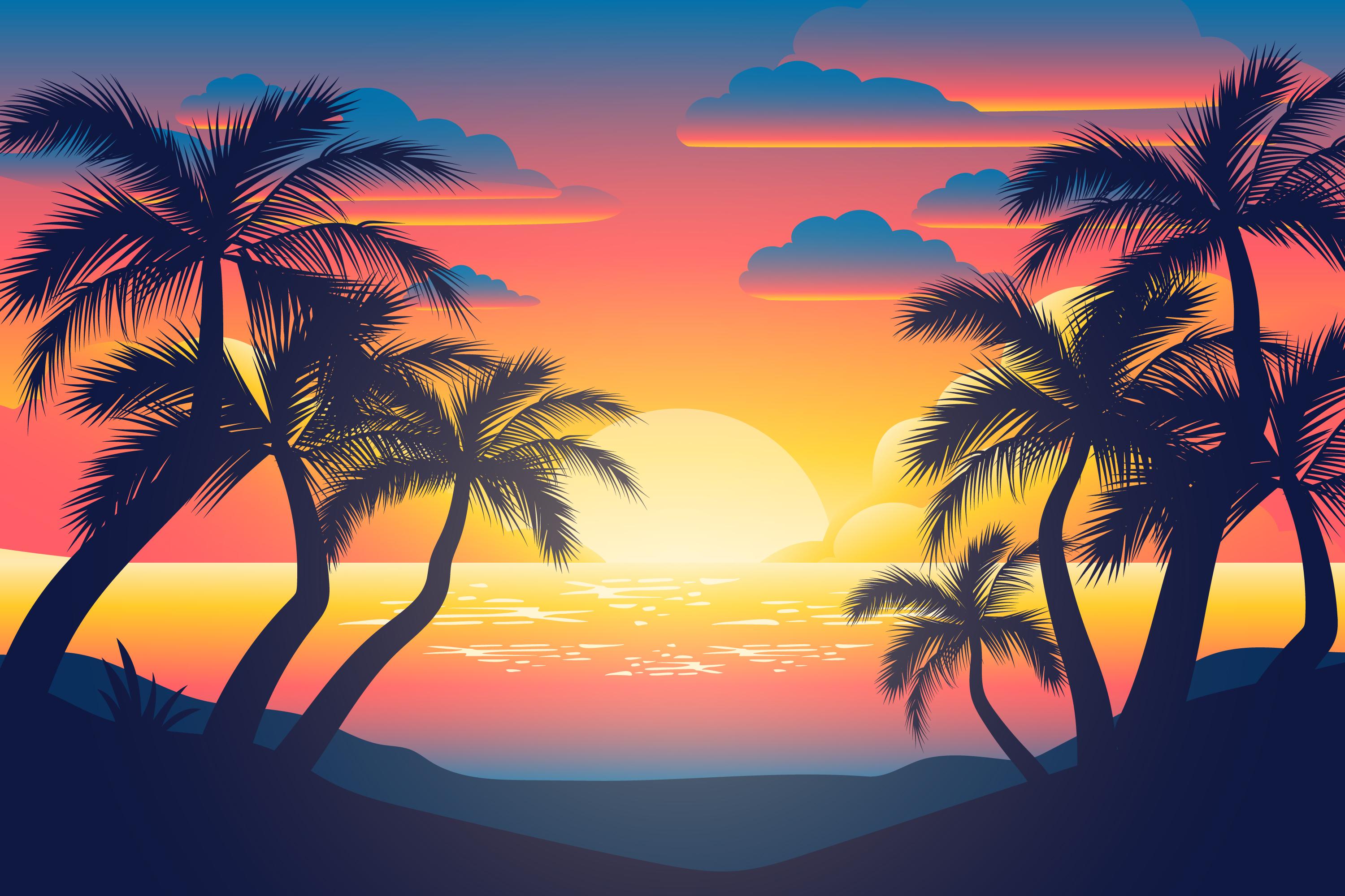 Colorful sunset and palm silhouettes poster - Download Free Vectors