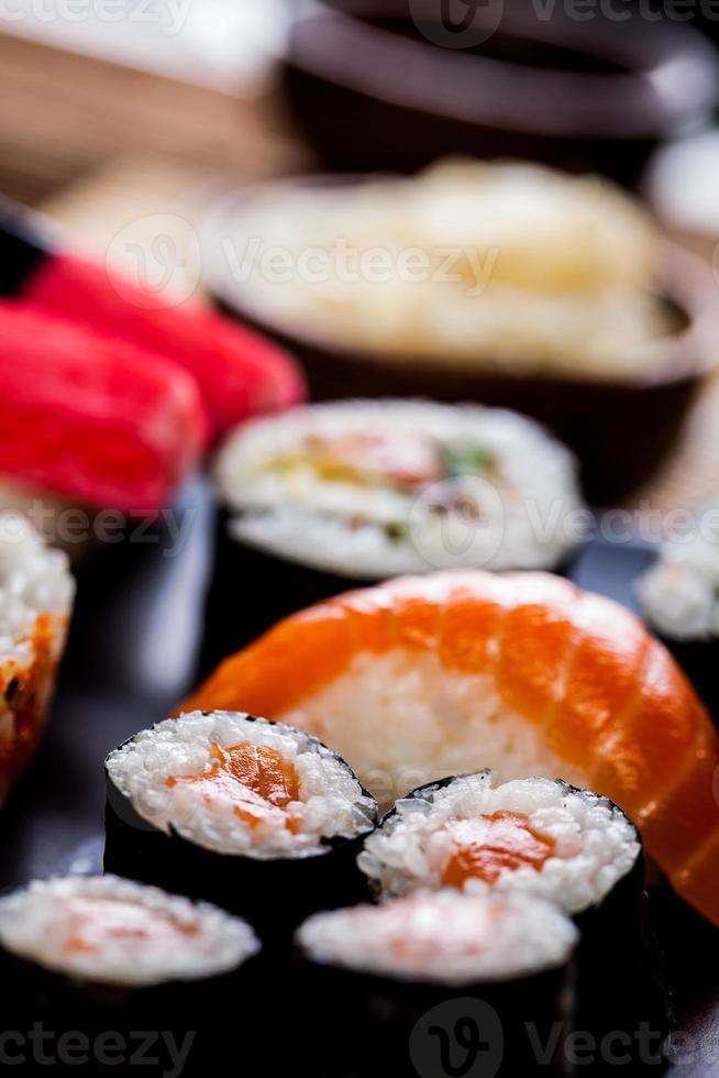 Decorative seafood concept with Japanese sushi photo