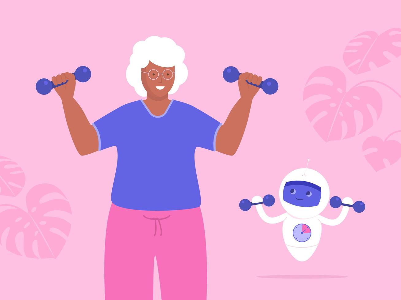 Elderly Woman and Robot Lifting Dumbbells vector