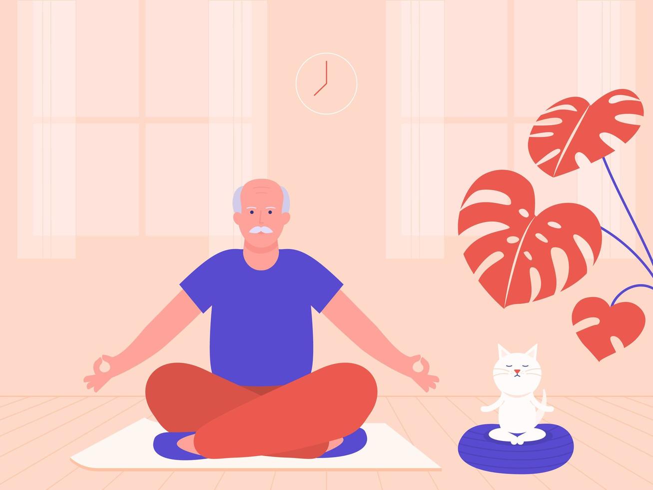 Senior Man with Cat Meditating in Lotus Pose vector