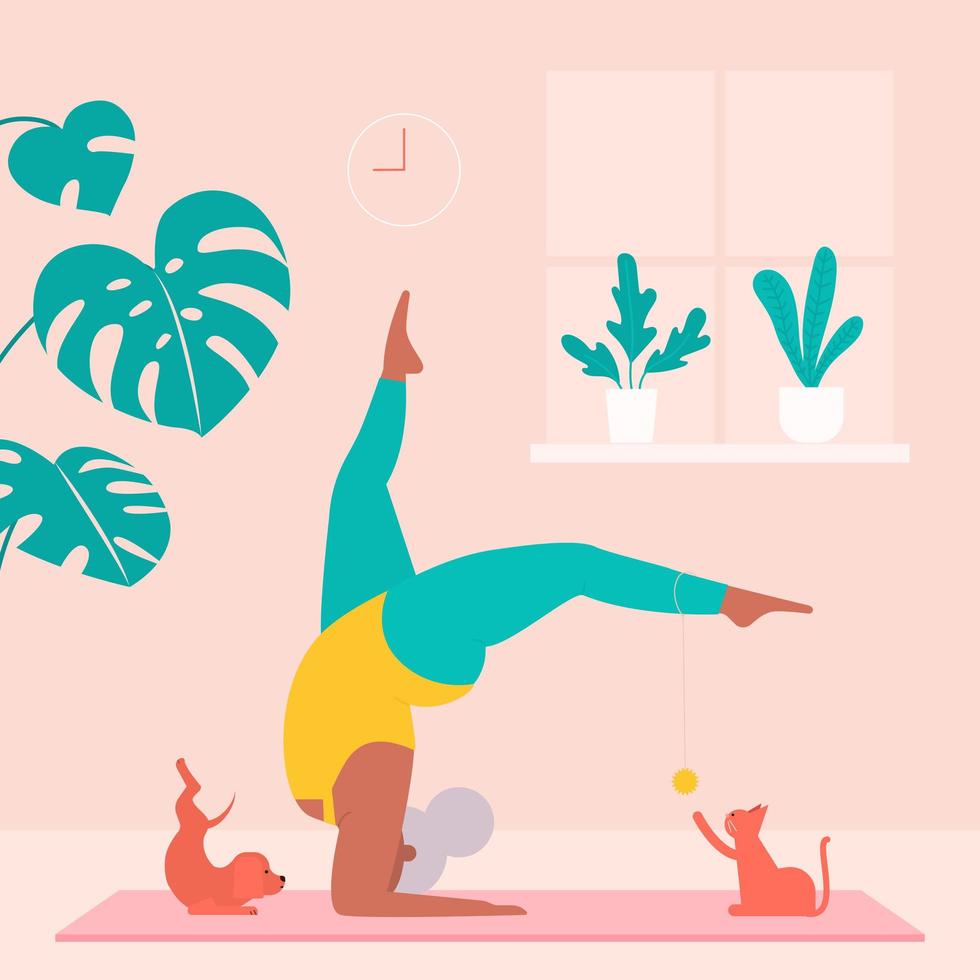 Senior Woman Training Yoga with Pets at Home vector