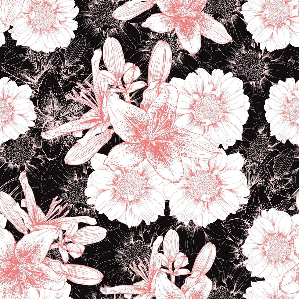 Vintage lilly and Zinnia flowers  vector