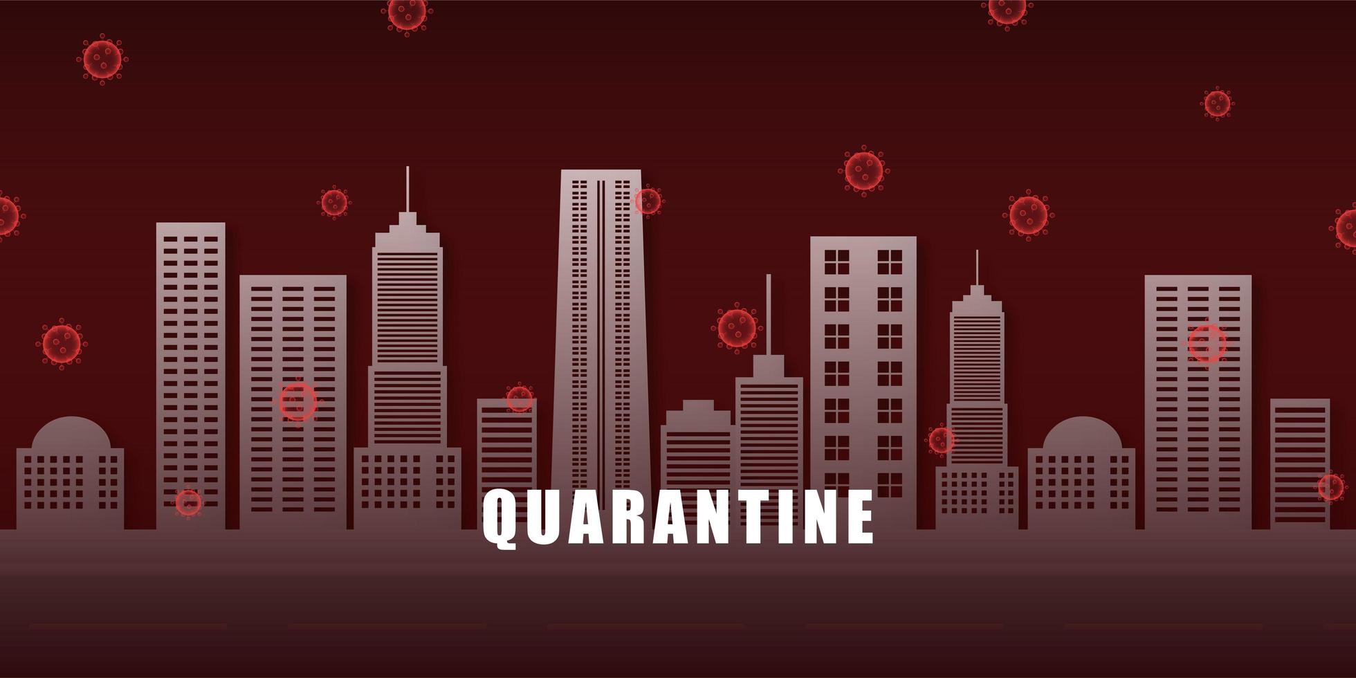 Quarantine city surrounded by red Coronavirus cells vector
