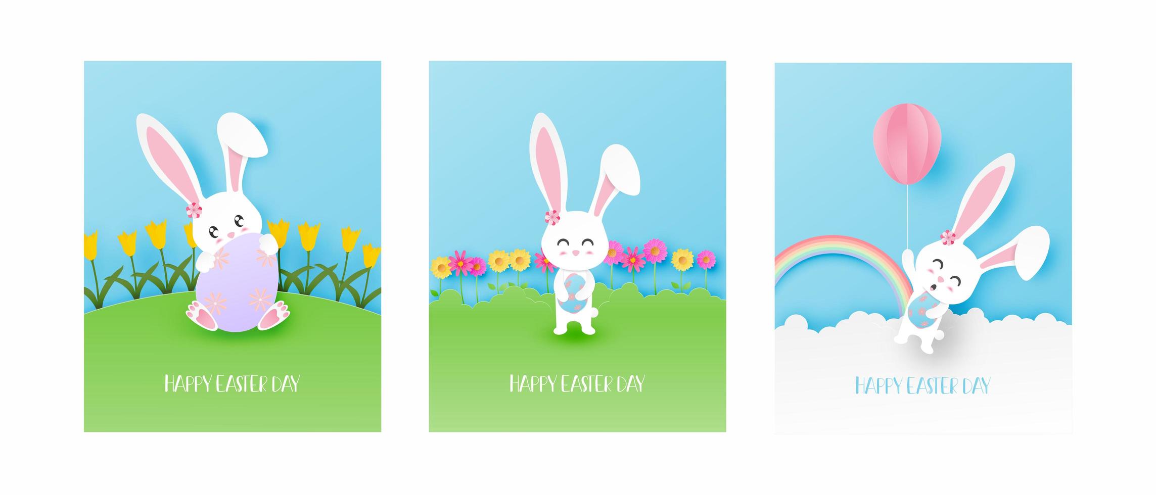 tarjetas de pascua de arte de papel con conejito haciendo diferentes actividades vector