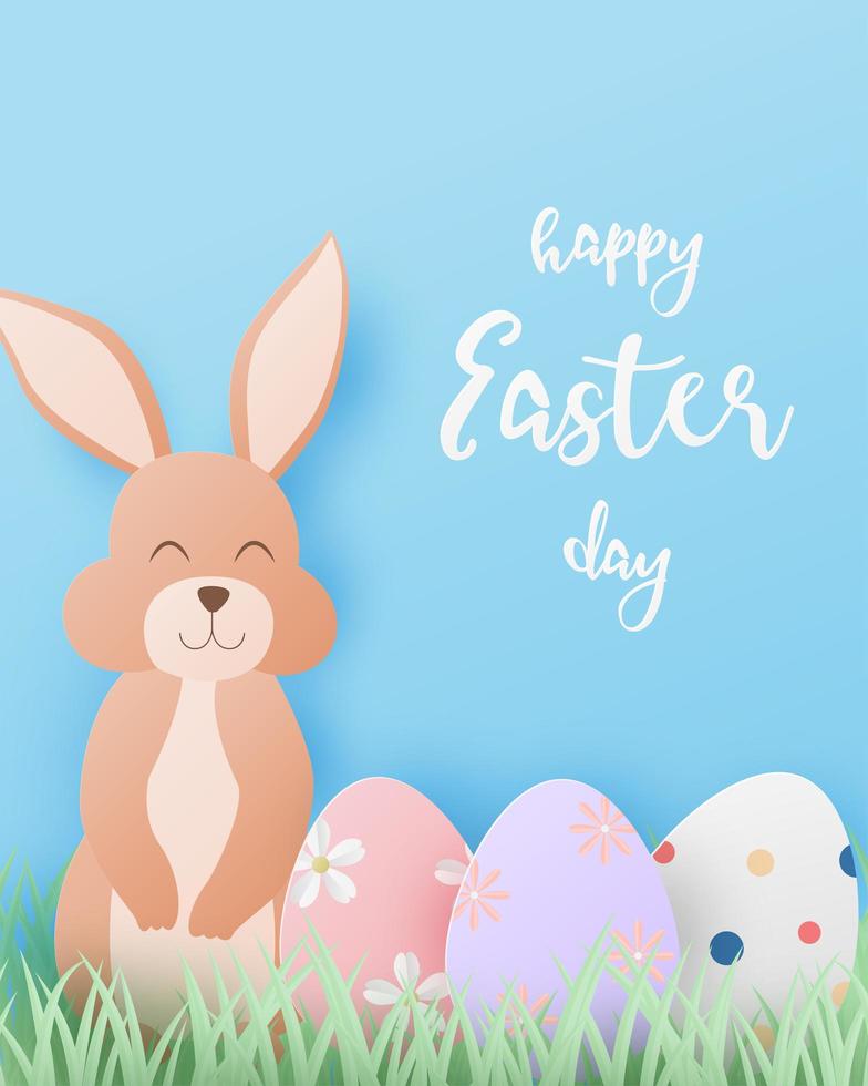 Paper art Easter design with bunny and eggs vector