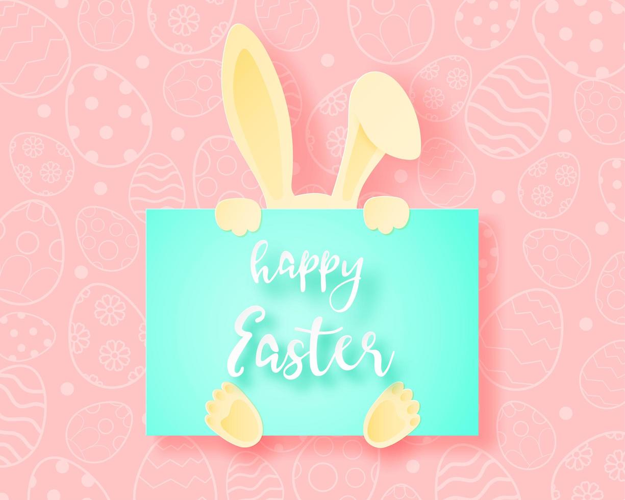 Paper art rabbit hiding behind Happy Easter card vector