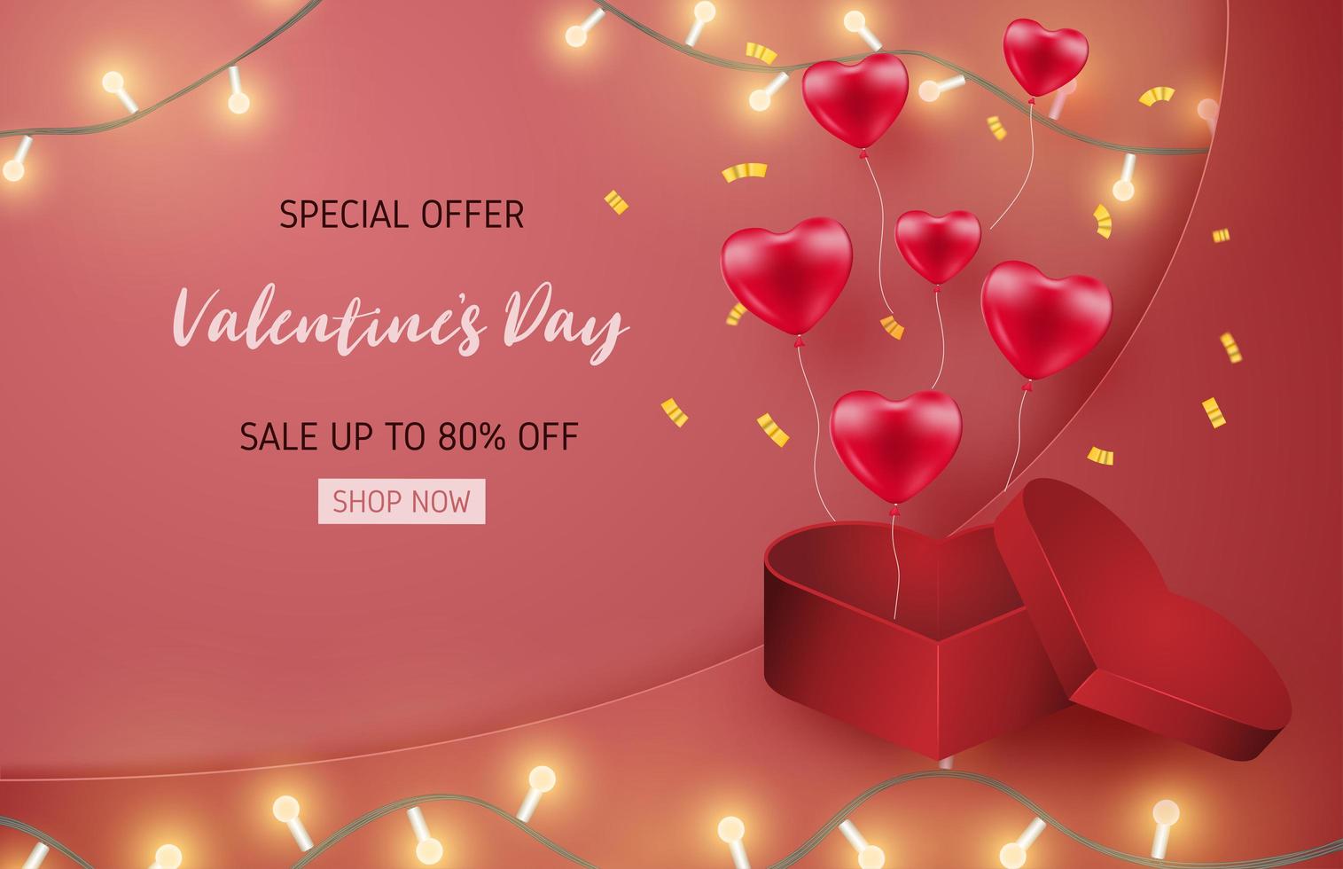 banner de venta de San Valentín con globos de corazón y caja de regalo vector