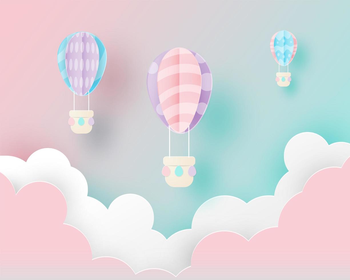 Paper art Easter egg air balloons in clouds vector