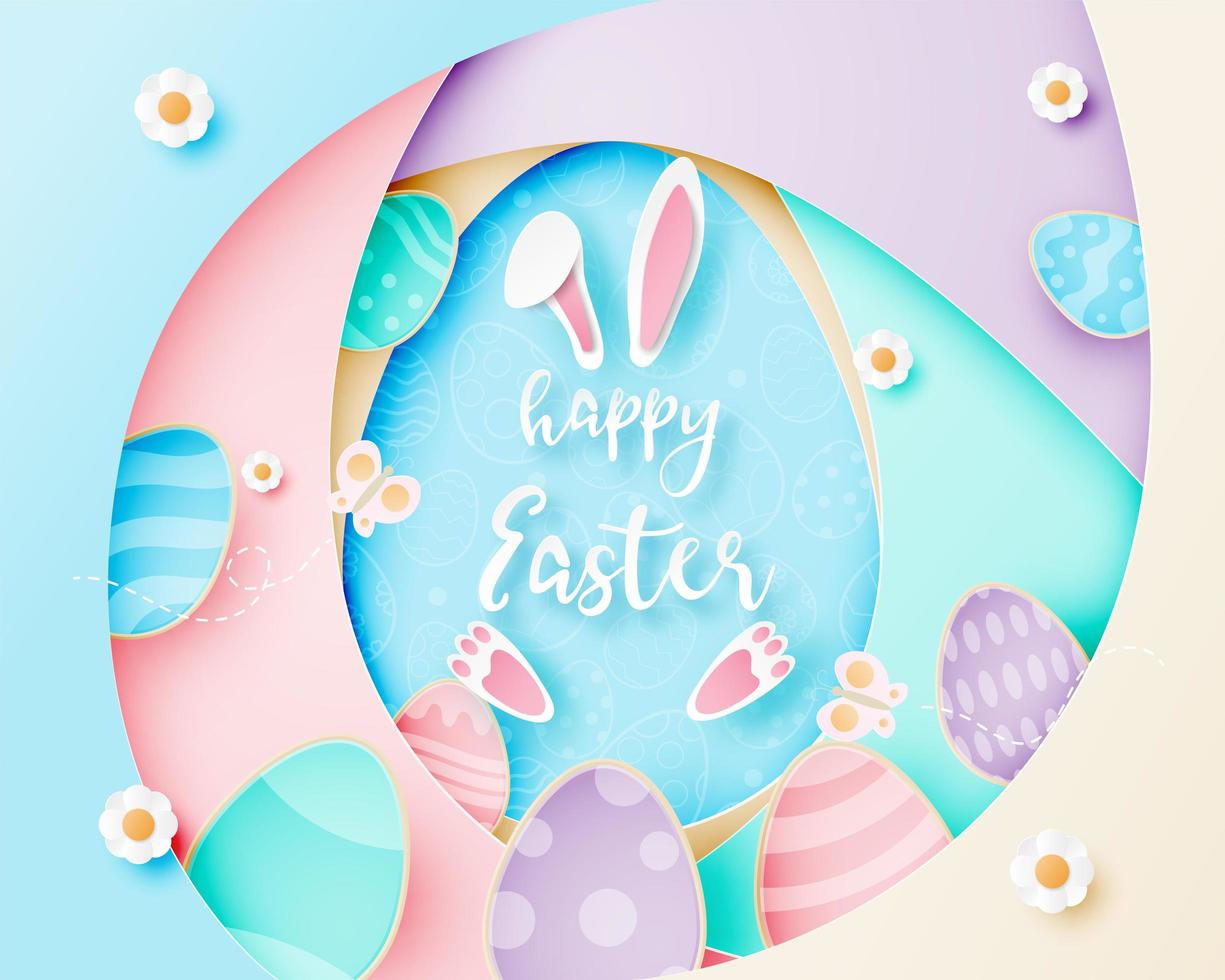 Layered paper art poster with Easter eggs and rabbit vector