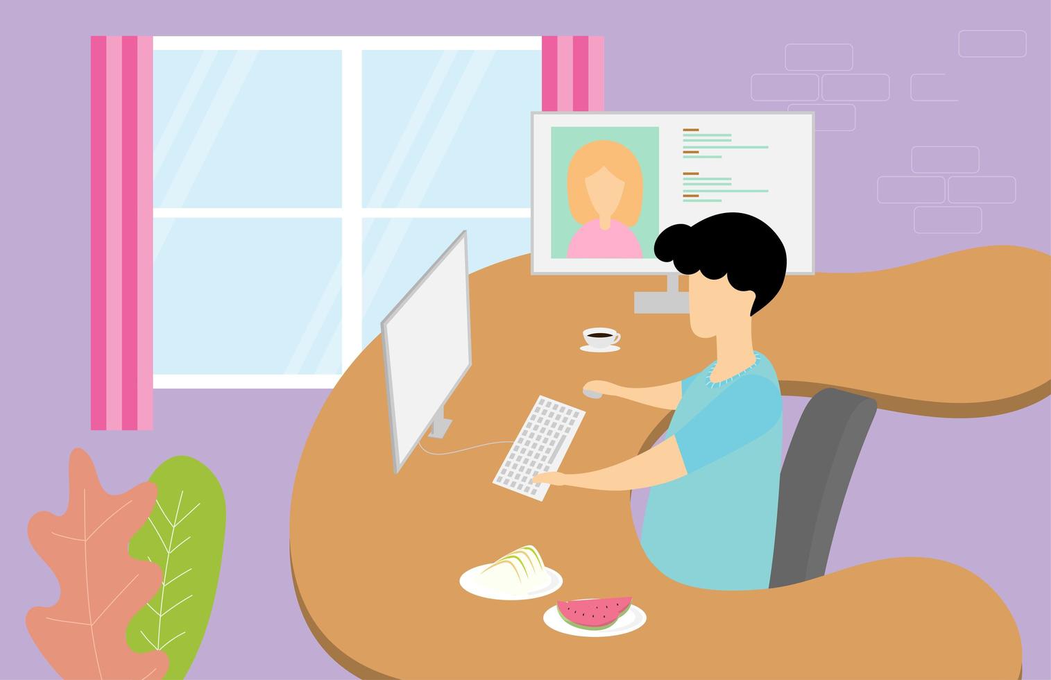 Man on computer working and meeting a woman vector