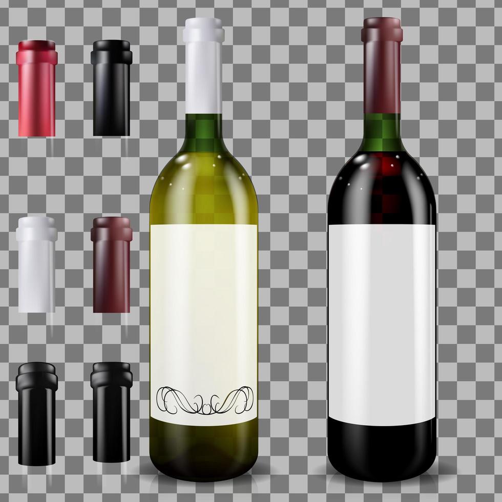 Realistic wine bottles with caps and sleeves vector