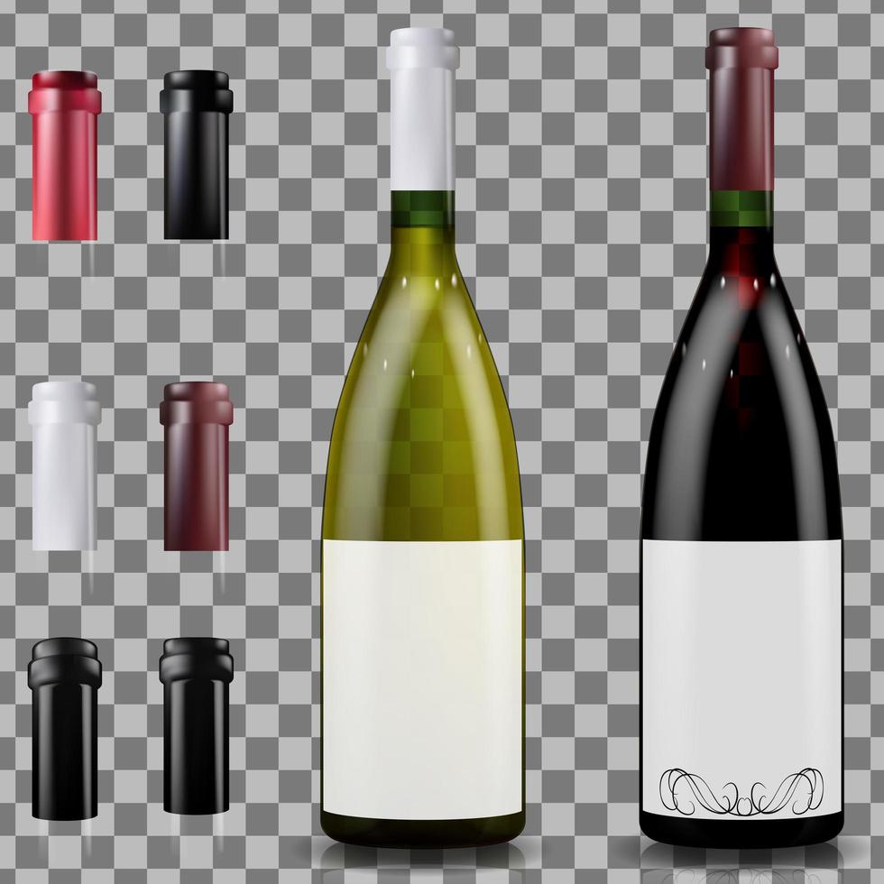 Red and white wine bottles, caps and sleeves vector