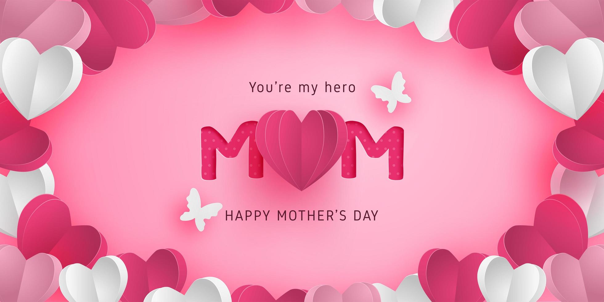 Cartel del día de la madre con marco de corazones de arte de papel vector