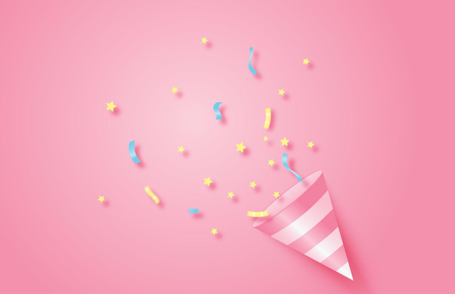 Exploding striped popper cone with confetti on pink vector