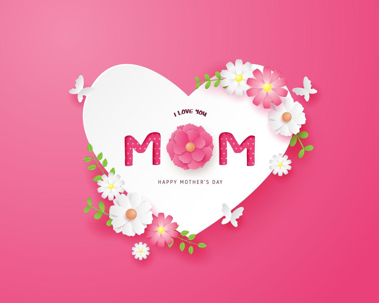 Mother's Day poster with paper art heart and flowers vector