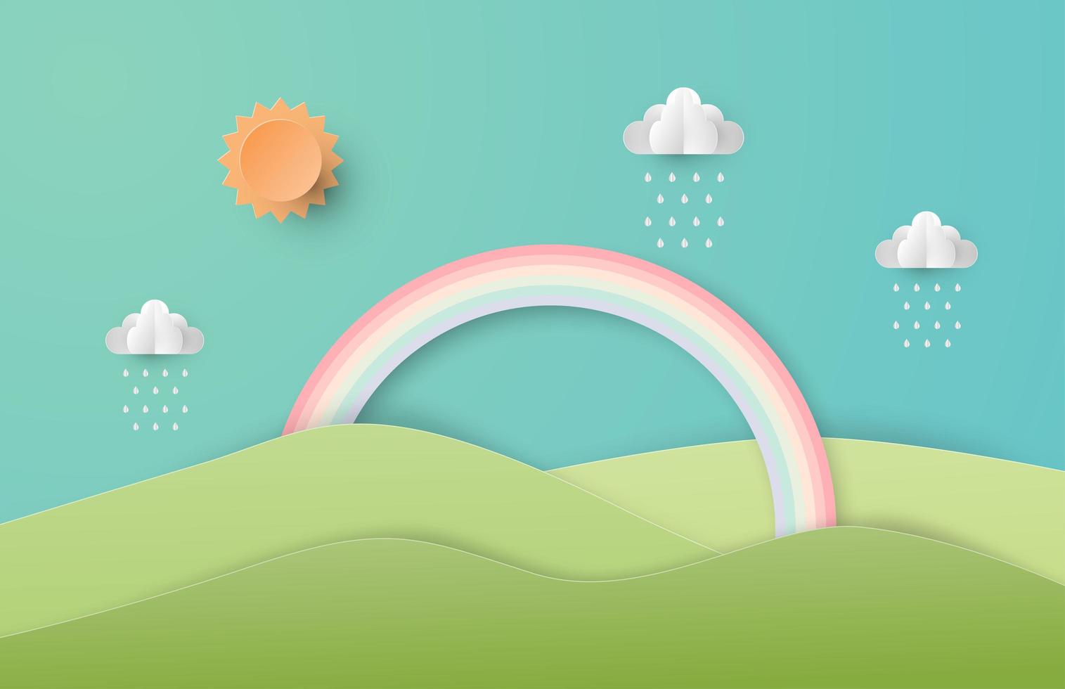 Paper art landscape with rain clouds and rainbow vector