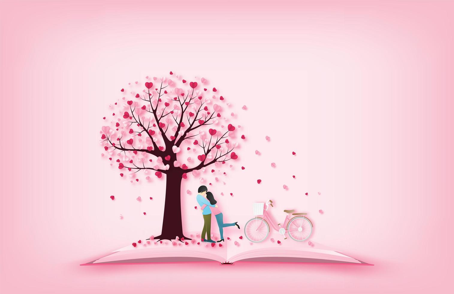 Paper art lovers on book hugging under heart tree vector