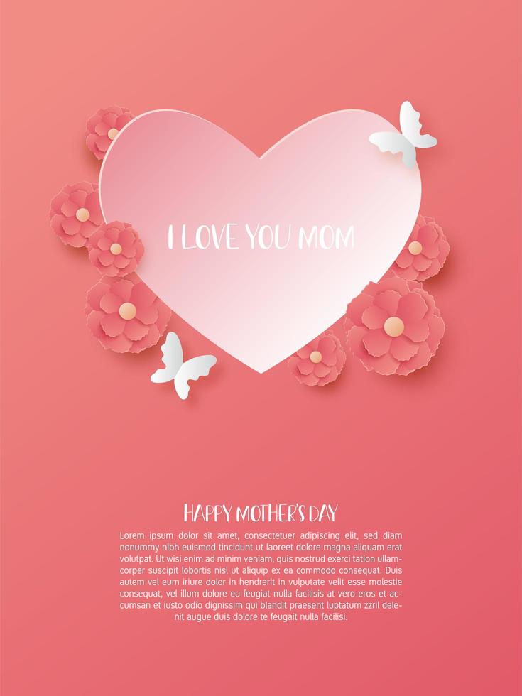 Cartel del día de la madre con corazón y flores cortadas en papel vector