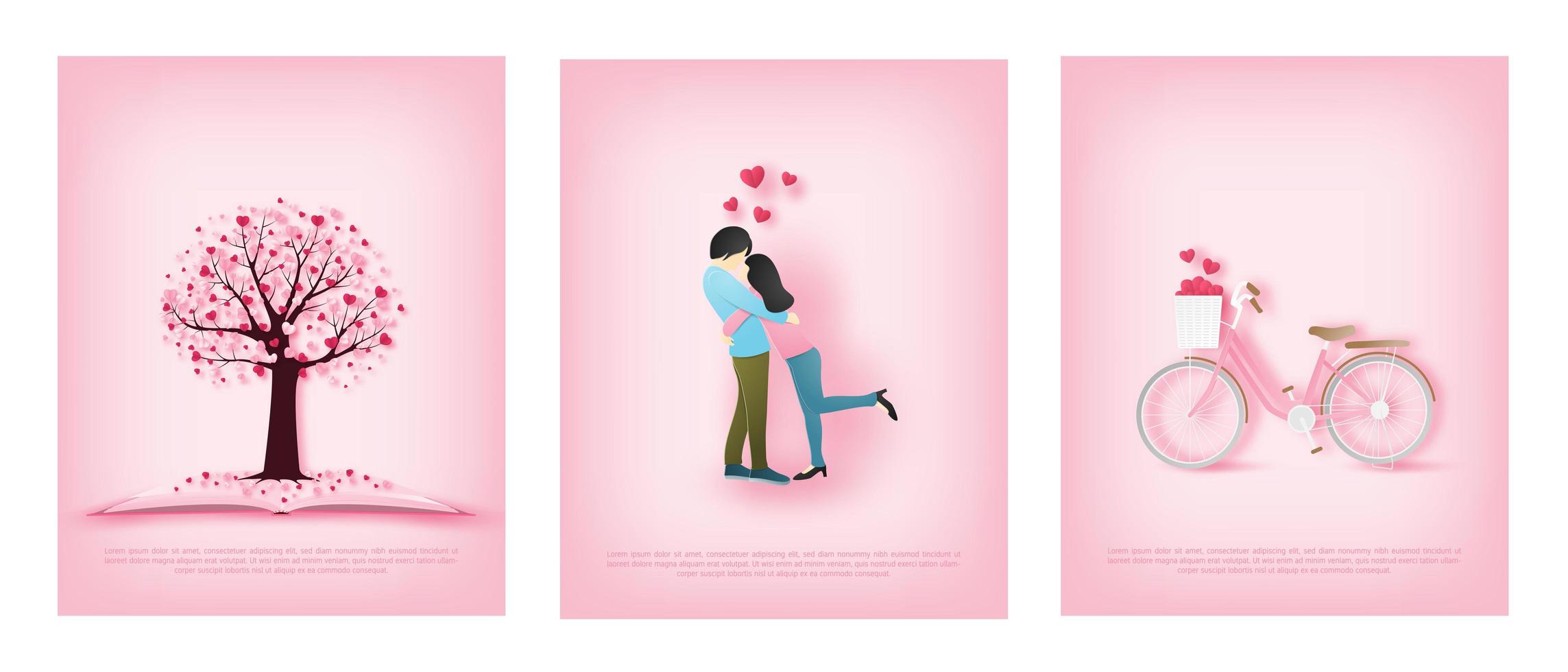 Paper art cards with couple, bicycle and heart tree vector