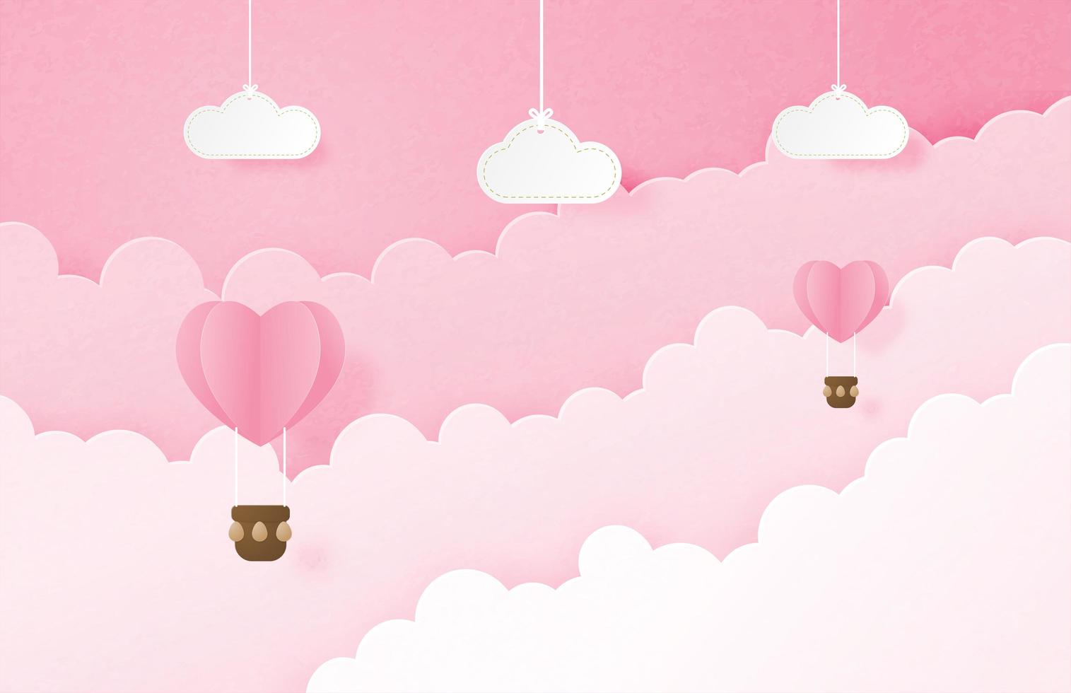 Arte de papel corazón globos de aire caliente flotando entre las nubes vector