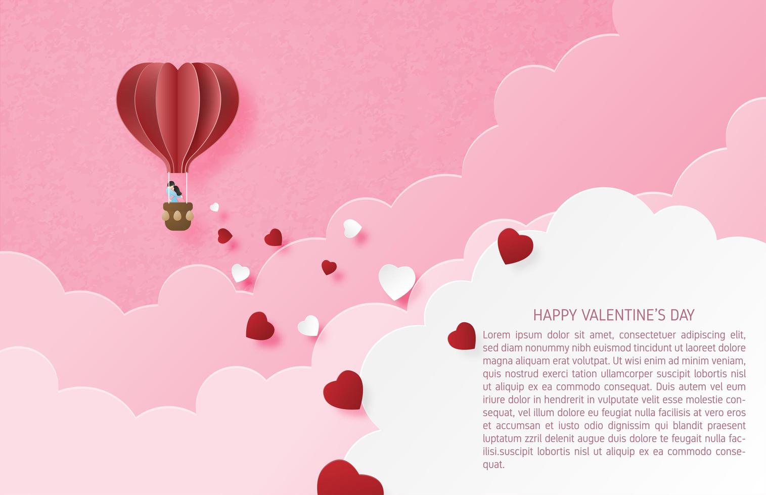 Couple in heart air ballon floating among clouds vector