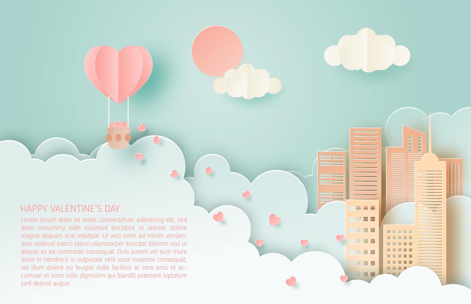 Paper art hot air balloon floating over city vector