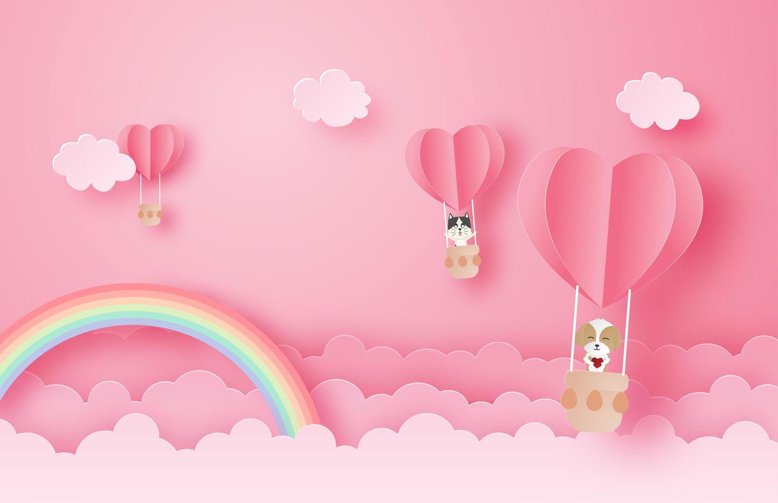 Paper art dog and cat in air balloons in sky vector