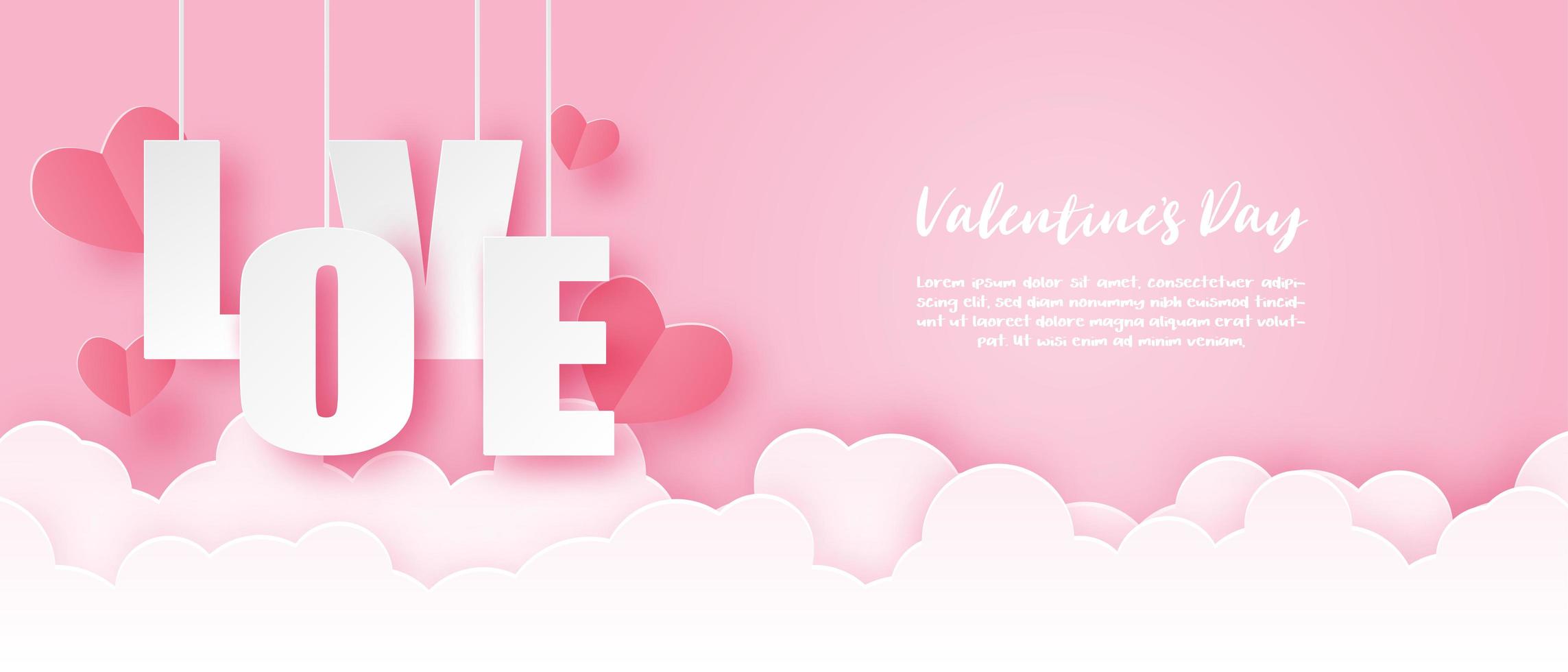 Paper art Valentine's banner with hanging LOVE text vector