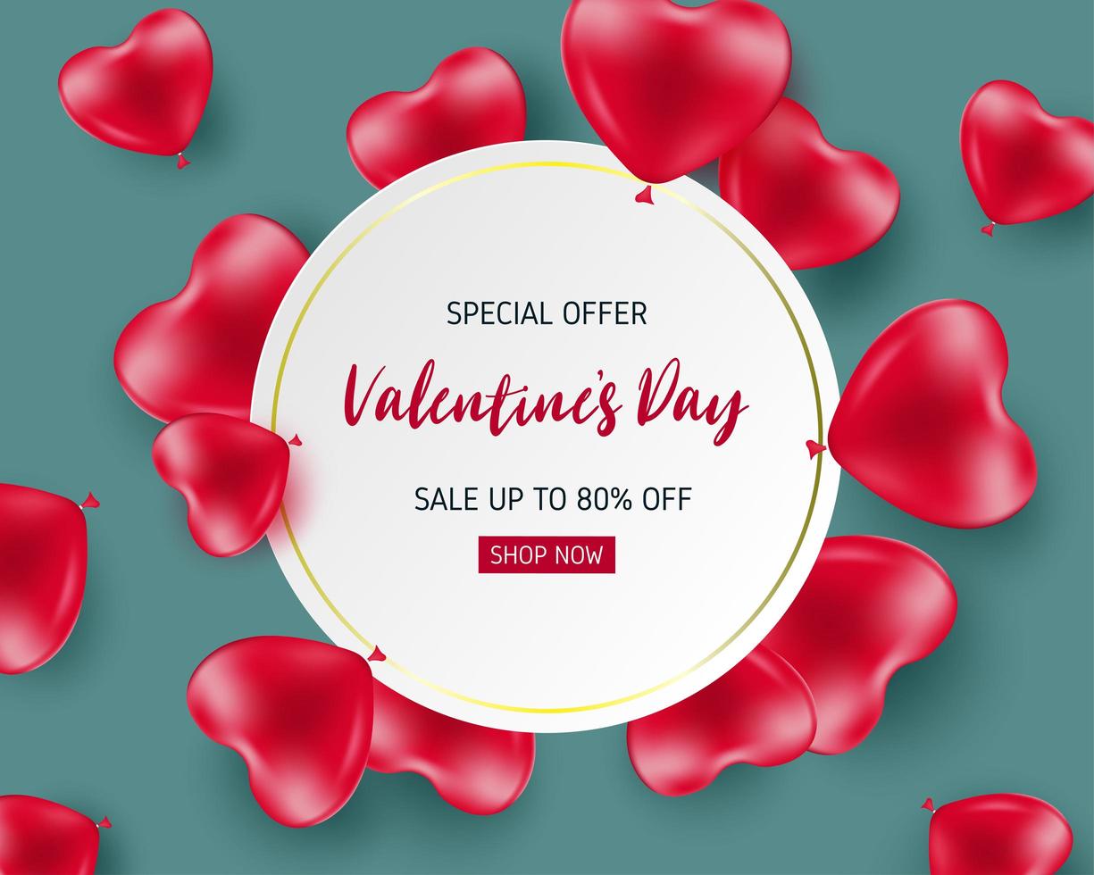 Sale poster with heart balloons surrounding circle frame vector
