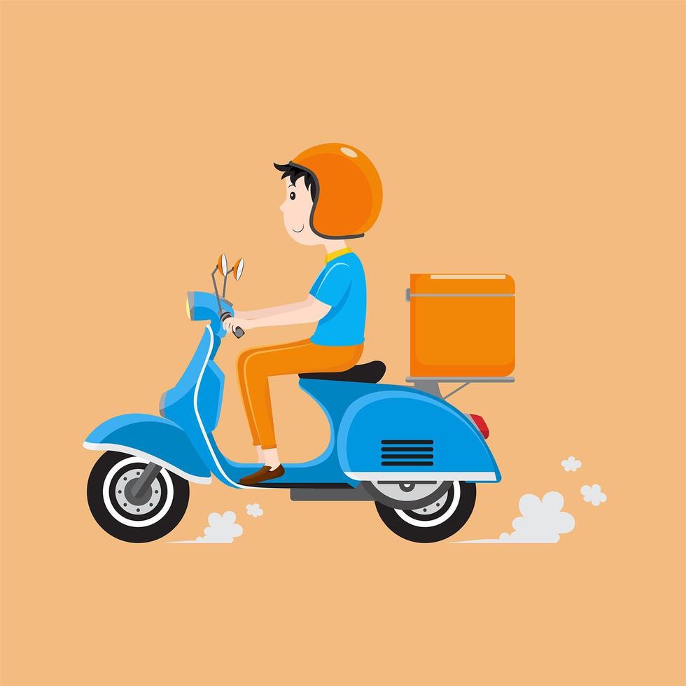 Delivery man riding scooter with delivery case box vector