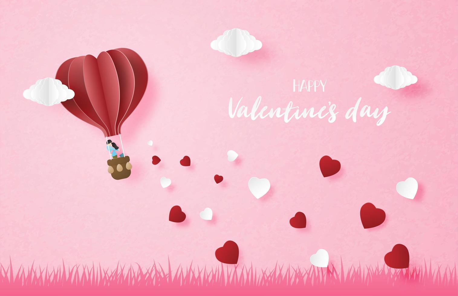 Couple in hot air balloon flying in the sky with falling heart shape vector