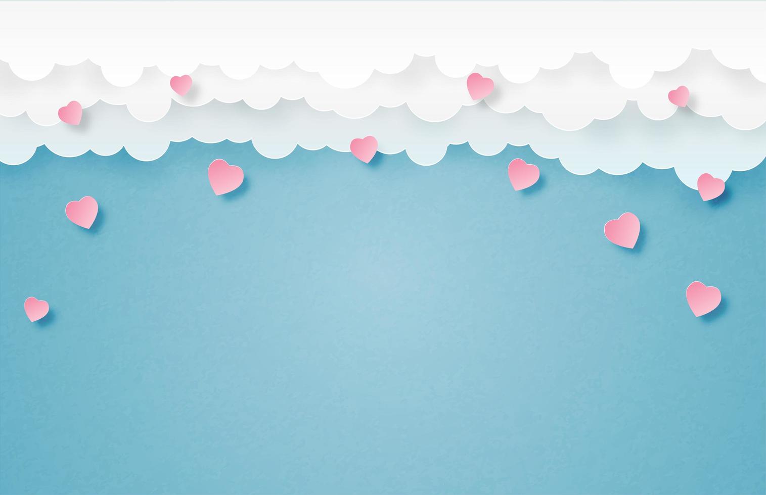 banner de San Valentín con corazones cayendo de las nubes vector