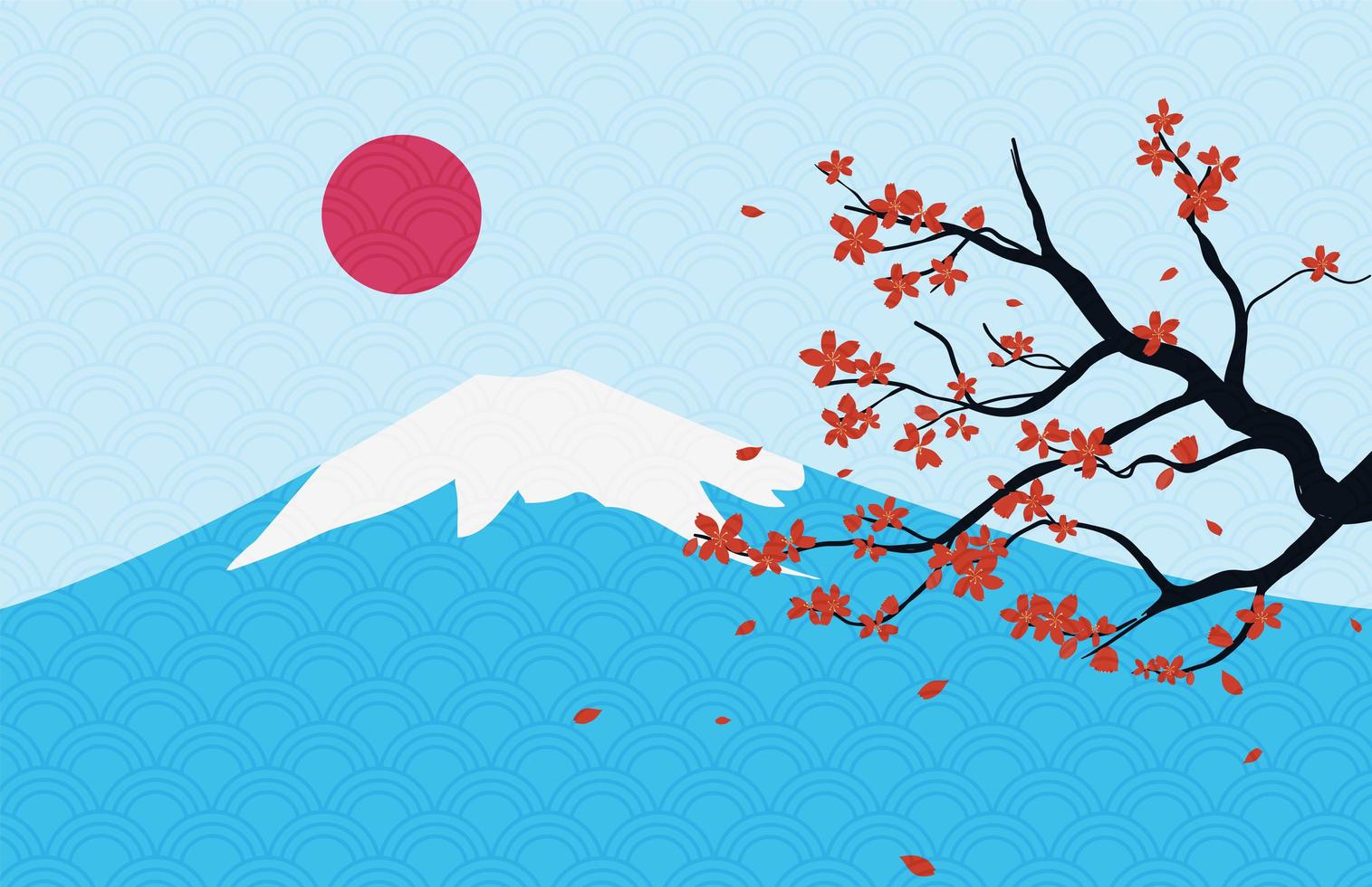 paisaje de japonés con montaña fuji y flor de cerezo vector