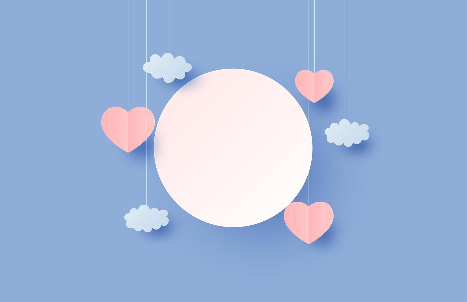 Circle banner with hanging heart shape and clouds in paper cut style vector