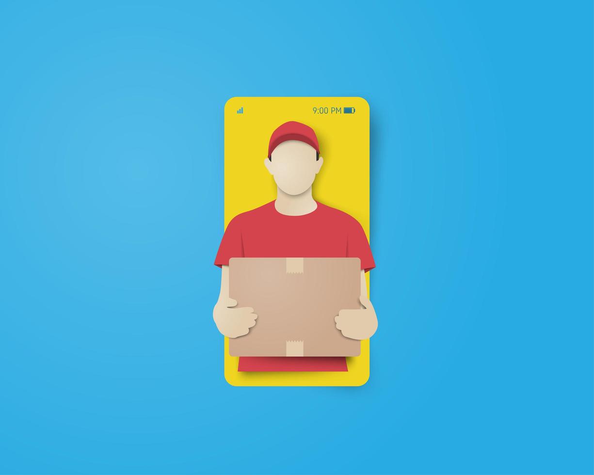 Online Delivery with Delivery Man on Smartphone Screen vector