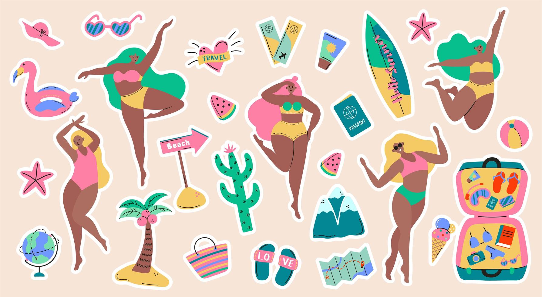 Set of Adventure Tourism, Travel Abroad, Summer Vacation Stickers vector