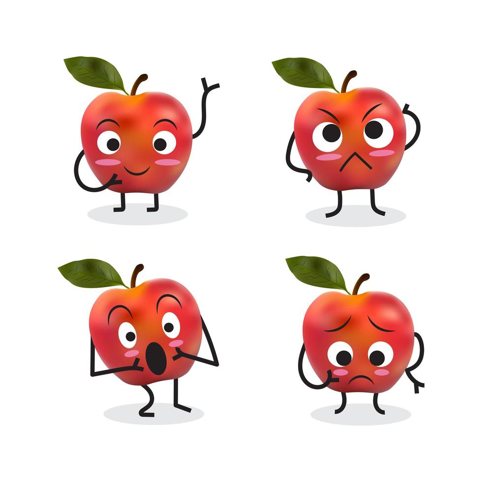 Conjunto de personajes de dibujos animados de manzana incluyendo manzana sorprendida vector