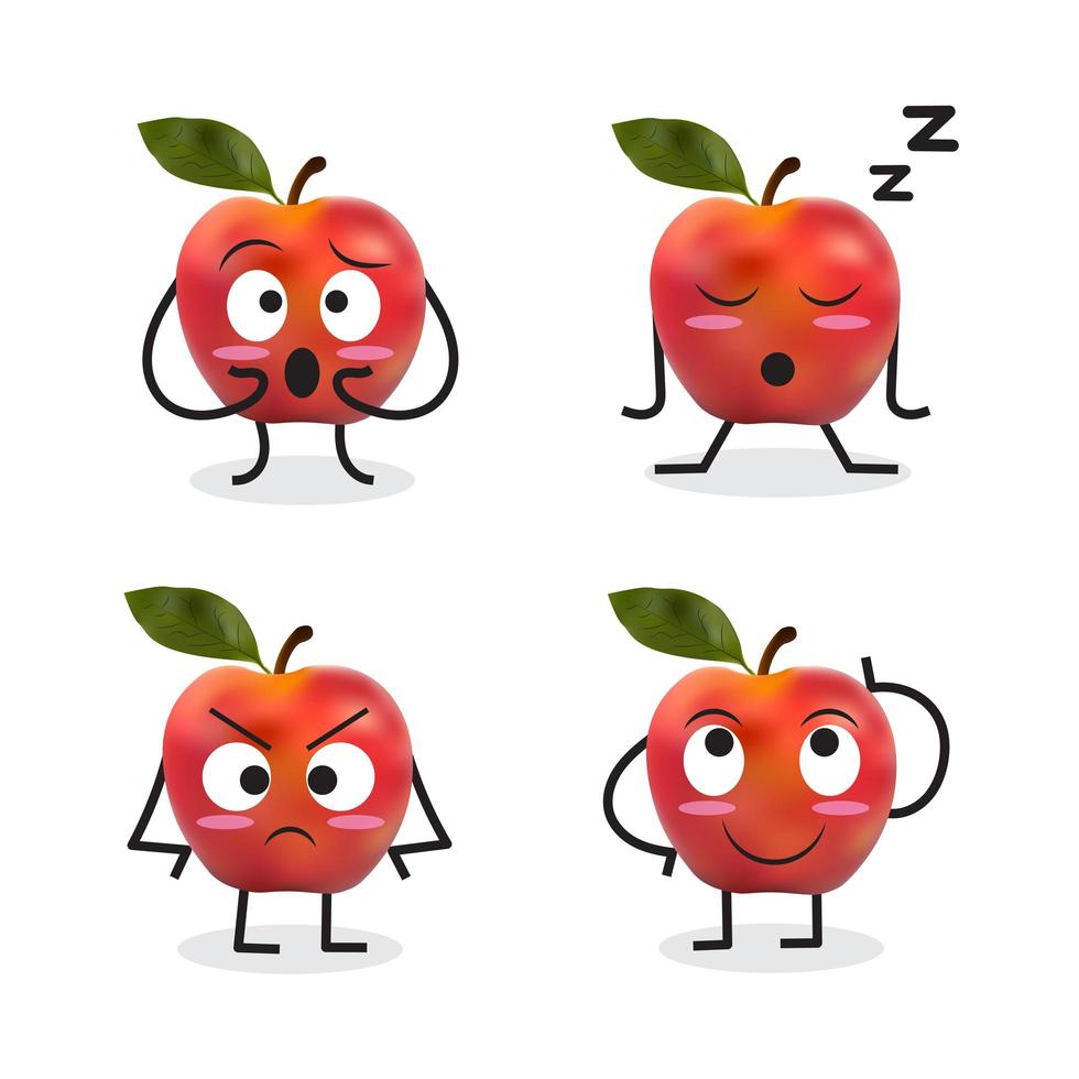 Conjunto de personajes de dibujos animados de manzana incluyendo manzana cansada vector